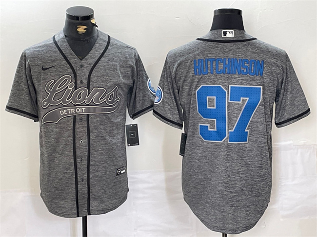 Men's Detroit Lions #97 Aidan Hutchinson Gray Cool Base Stitched Baseball Jersey - Click Image to Close